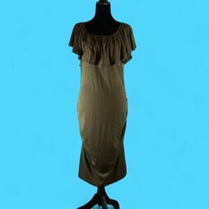 Olive green off shoulder ruffle midi dress